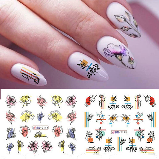 Colorful Flowers Plant Leaves Geometric Lines Nail Care Nail Art