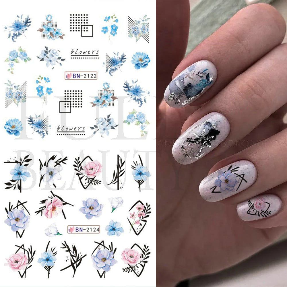 Colorful Flowers Plant Leaves Geometric Lines Nail Care Nail Art