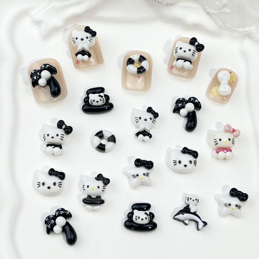 Black Skin Cat Cartoon Ornament White Hello Nail Care Nail Art