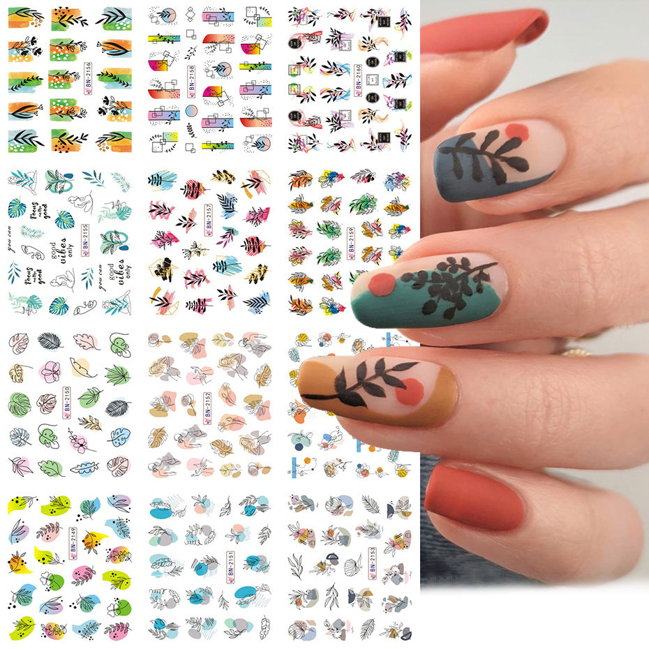 Colorful Flowers Plant Leaves Geometric Lines Nail Care Nail Art