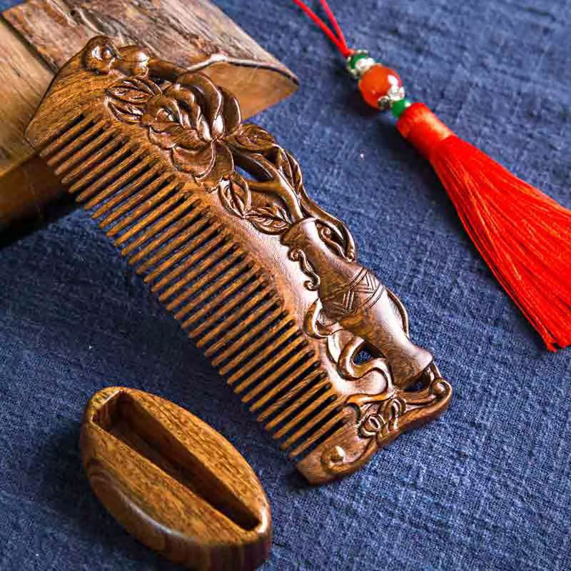 Sandalwood Double-sided Carved Vintage Long Portable Wooden For Hair Brushes & Combs