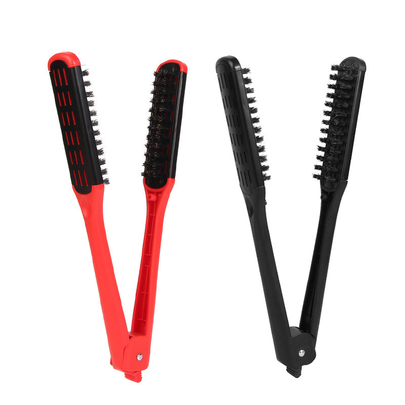 Hairdressing V-shaped Clamp Pure Bristle Straightening Hair Brushes & Combs