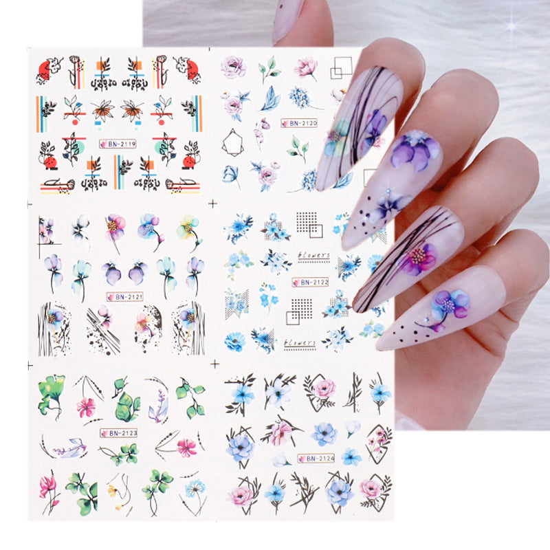 Colorful Flowers Plant Leaves Geometric Lines Nail Care Nail Art