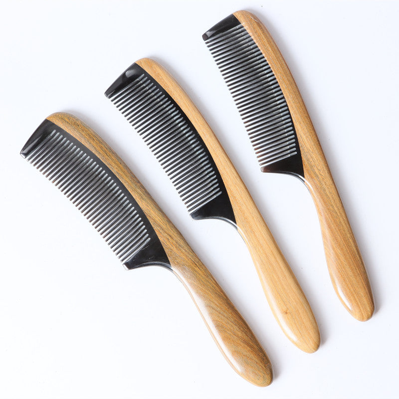 Women's & Men's Dense Teeth Natural Green Sandalwood Horn Massage Hair Brushes & Combs